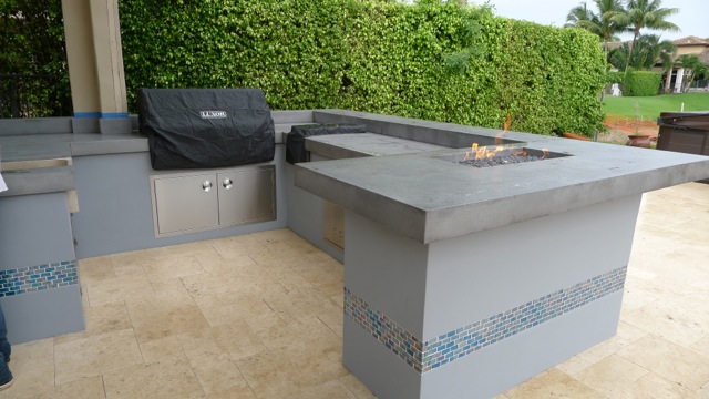 Firepits Built Into Concrete Counter Tops In Outdoor Kitchens