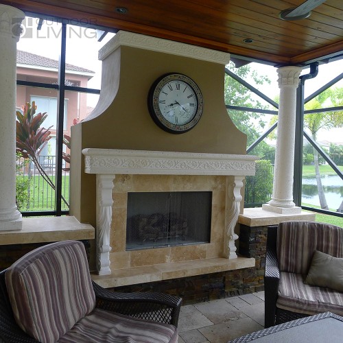 Large fireplace with a wall clock on it