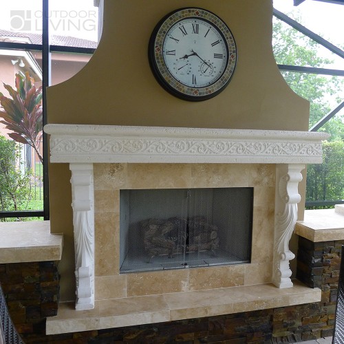 Large fireplace with artistic concrete design