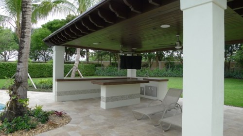 Cabana with an outside bar featuring a beautiful ceiling